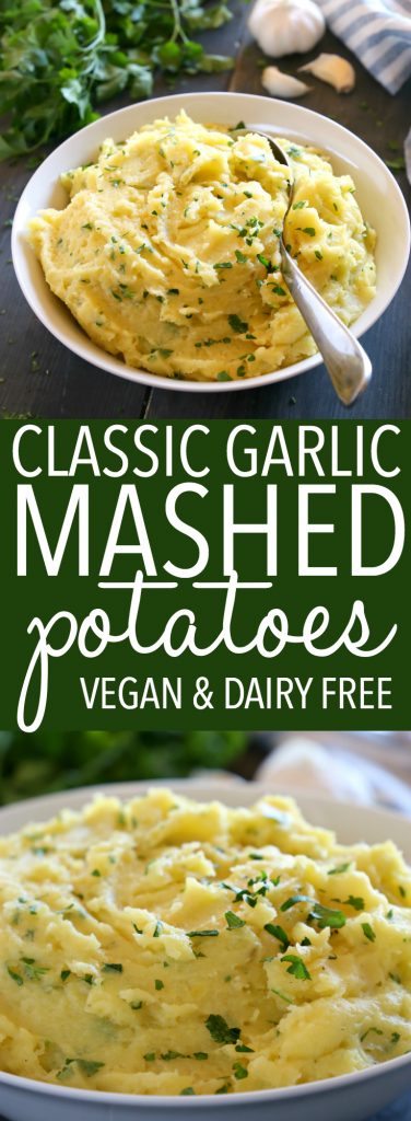 These Classic Dairy-Free Garlic Mashed Potatoes are vegan and dairy free, and they're the perfect traditional side dish for any family meal! Recipe from thebusybaker.ca! #holidaysidedish #dairyfreemashedpotatoes #vegansidedish