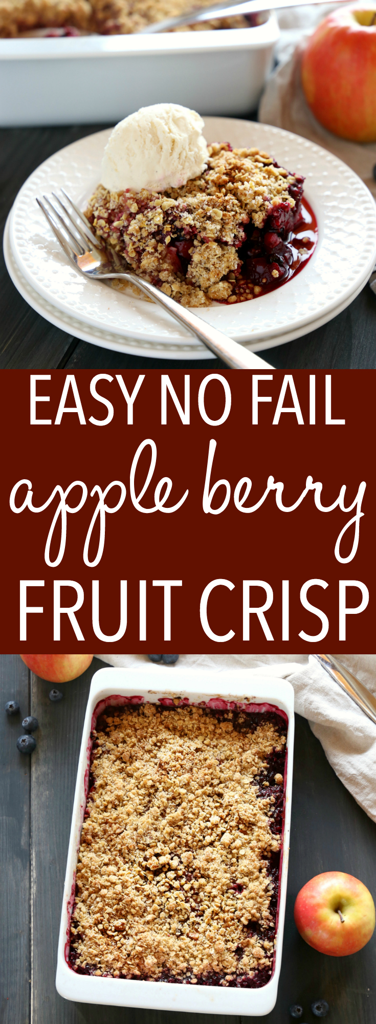 This Easy Apple Berry Fruit Crisp is the perfect easy dessert for beginning bakers! Just a few simple ingredients stand between you and this delicious, healthier dessert! Make it with fresh or frozen fruit, and gluten-free! Recipe from thebusybaker.ca! #howtomakeapplecrisp #easyapplecrisp #fruitcrisp #healthydessert via @busybakerblog