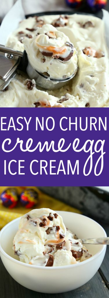This Easy No Churn Creme Egg Ice Cream is so easy to make with only 3 ingredients! It's the perfect simple treat for spring featuring everybody's favourite Easter chocolate candy - Cadbury Creme Eggs! Recipe from thebusybaker.ca! #cremeeggdessert #cremeeggicecream #easynochurnicecream #easyhomemadeicecream