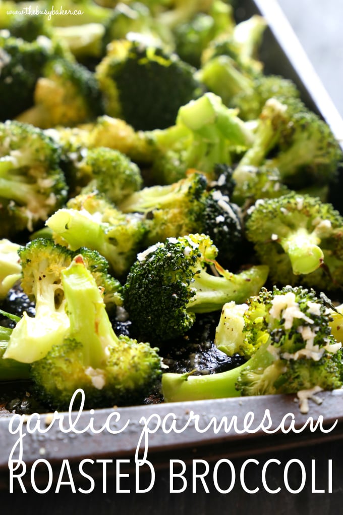 This Garlic Parmesan Roasted Broccoli is a quick and easy side dish that's healthy and delicious, and made with only 4 simple ingredients! It's a family favourite recipe that's the perfect holiday side dish, but it's delicious any time of the year! Recipe from thebusybaker.ca! #sidedish #roastedbroccoli #garlicparmesanbroccoli #easysidedishrecipe