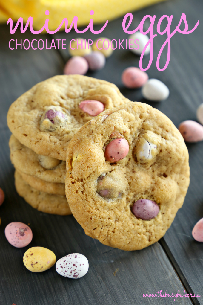These Mini Eggs Chocolate Chip Cookies are the perfect easy snack or dessert for Easter! Made with the perfect soft and chewy chocolate chip cookie dough and stuffed with delicious candy-coated Mini Eggs, these cookies are beautiful, colorful, and perfect for Spring! Recipe from thebusybaker.ca! #minieggsdessert #minieggscookies #easyeasterdessert
