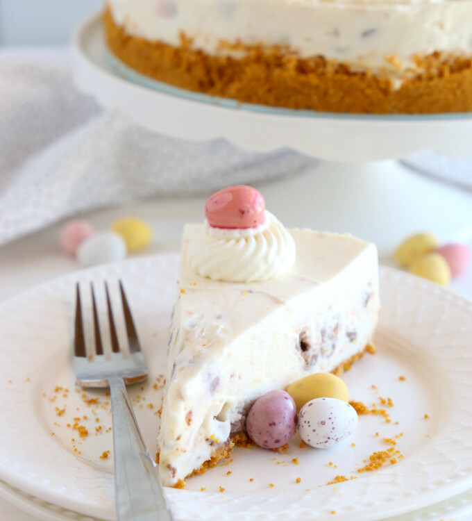 no bake Easter cheesecake with mini eggs on top