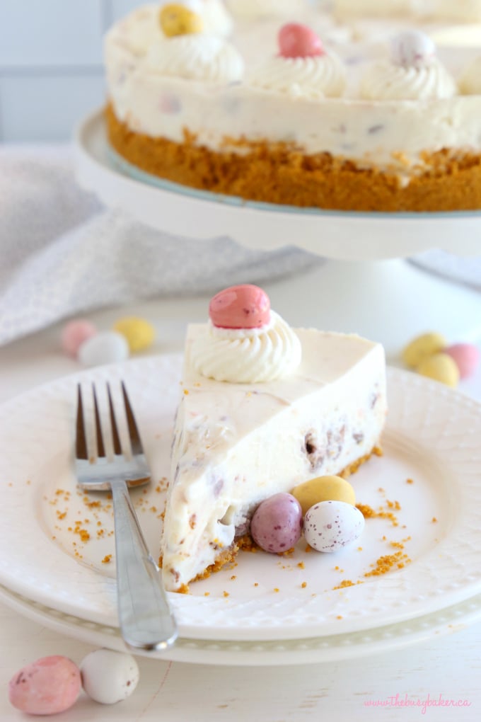a slice of easter cheesecake on a white plate beside a fork  