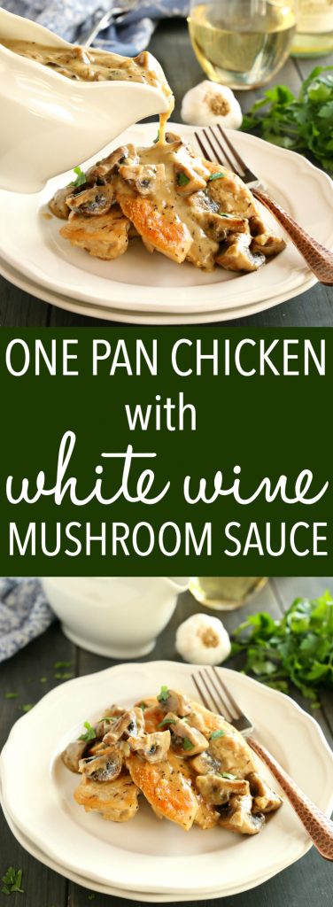 This One Pan Chicken with White Wine and Mushroom Sauce is a super delicious restaurant-quality main dish that's so easy to make in only one pan! Recipe from thebusybaker.ca! #easychickenrecipe #chickenwhitewinemushroomsauce #whitewinesauce #easychickensauce 