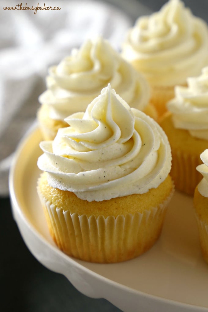 These Vanilla Bean Cupcakes are tender and fluffy and topped with ultra creamy mascarpone buttercream frosting made with real vanilla beans! They're perfect for parties, birthdays, or any occasion at all! Recipe from thebusybaker.ca! #bestevervanillacupcakes #easyvanillacupcakes #vanillabeancupcakerecipe