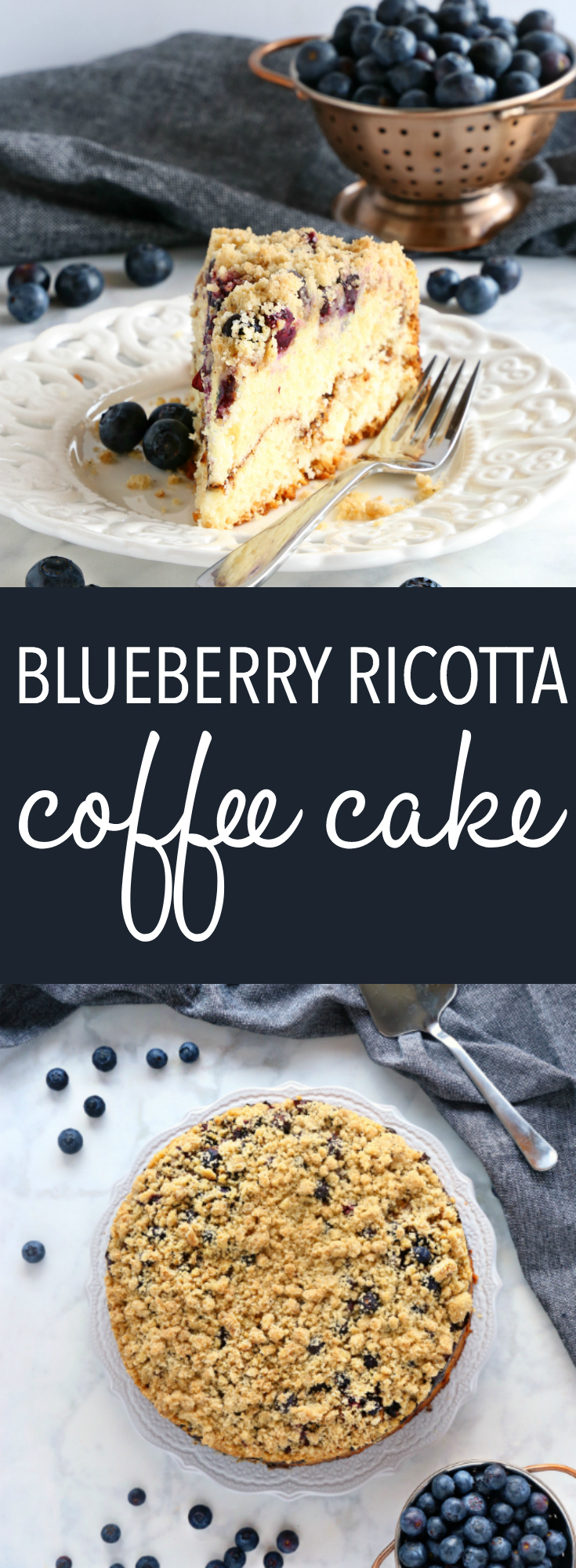 This Best Ever Blueberry Ricotta Coffee Cake is the perfect moist and fluffy coffee cake made with low fat ricotta, and packed with fresh blueberries, cinnamon sugar, and the best crispy streusel topping! Recipe from thebusybaker.ca! #bestcoffeecake #easycoffeecake #blueberrycake via @busybakerblog