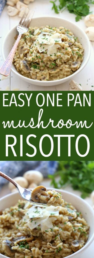 This Easy Mushroom Risotto is a quick and simple way to make restaurant-style risotto at home in minutes and in only one pan! Skip the fancy restaurant and enjoy it at home as a vegetarian main dish or side dish! Recipe from thebusybaker.ca! #easyrisotto #simplerisottorecipe #mushroomrisotto