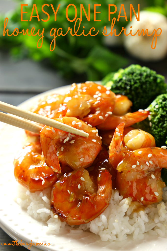 This Easy One Pan Honey Garlic Shrimp is a delicious Asian-inspired meal idea with the perfect honey garlic sauce. And it's made with simple ingredients in 15 minutes or less! Recipe from thebusybaker.ca! #easyhoneygarlicsauce #honeygarlicshrimp #15minutemeal