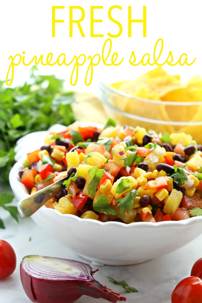 Fresh Pineapple Salsa with spoon and chips