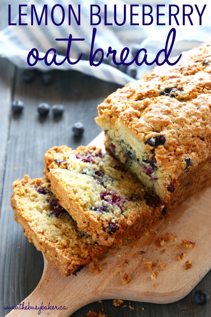 This Lemon Blueberry Oat Bread is the perfect sweet coffee break snack! It's easy to make and packed with whole grains for a healthy twist! Recipe from thebusybaker.ca! #oatbread #lemonblueberrybread #muffinrecipe