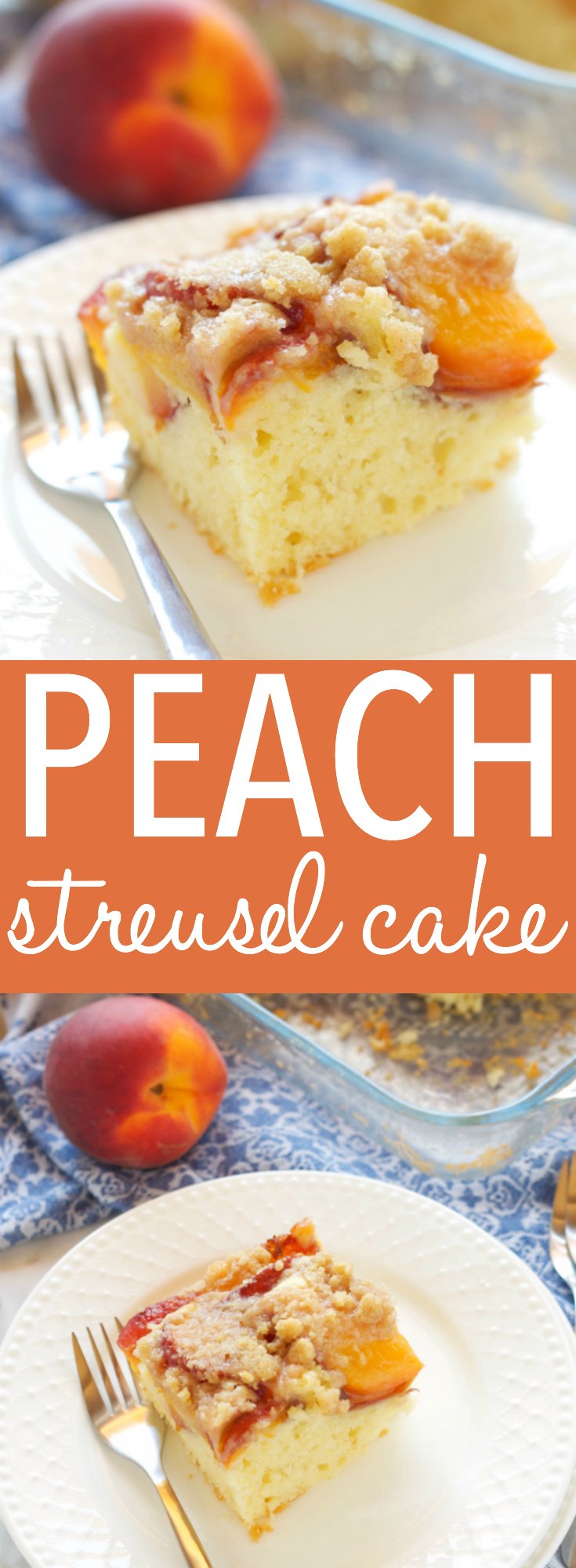 This Peach Streusel Cake is the perfect summer dessert with a tender cake base and a delicious streusel topping - make it with fresh or canned peaches! Recipe from thebusybaker.ca! #peachcake #easypeachcake #streuselcake #summerdessert via @busybakerblog