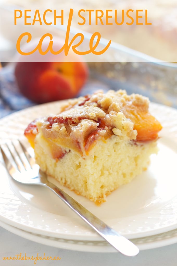 Peach Streusel Cake with tender cake and streusel topping and fresh peaches