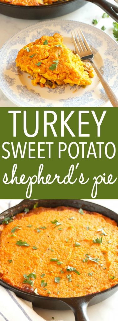 This Turkey Sweet Potato Shepherd's Pie is a delicious and healthy spin on the traditional British Shepherd's Pie made with lean turkey meat and sweet potatoes! It's the perfect family meal made in only one skillet, in 40 minutes or less!