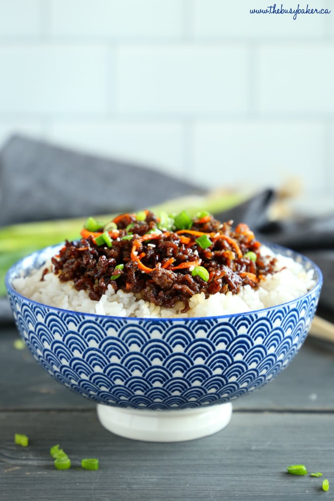 Korean Beef Bowl with carrots, green onions and rice