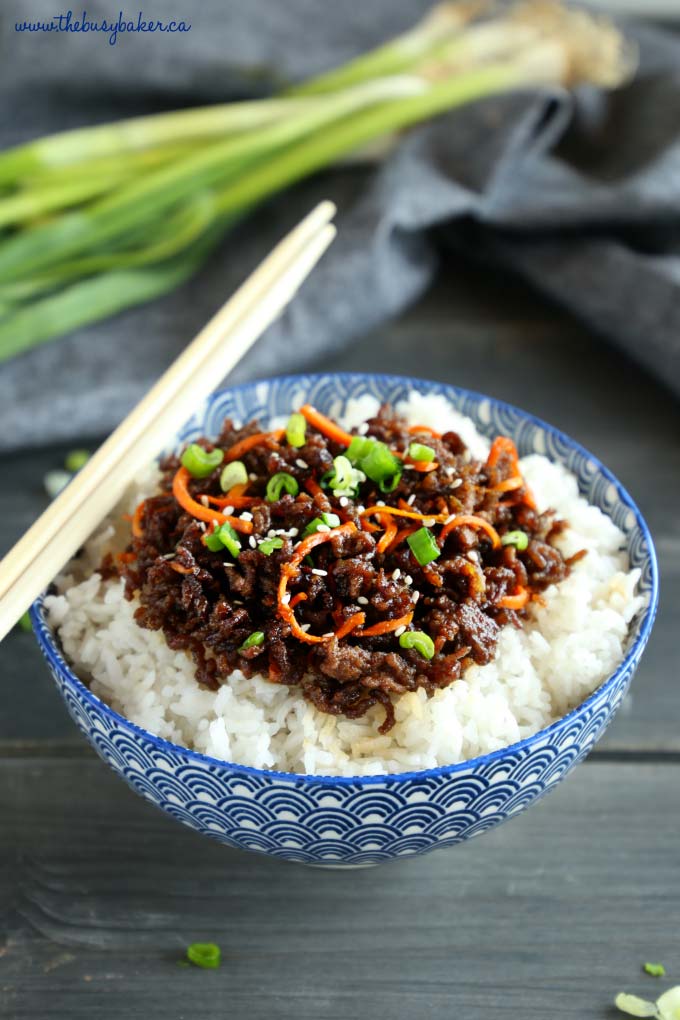 Easy Korean Beef Bowl with chopsticks in blue bowl