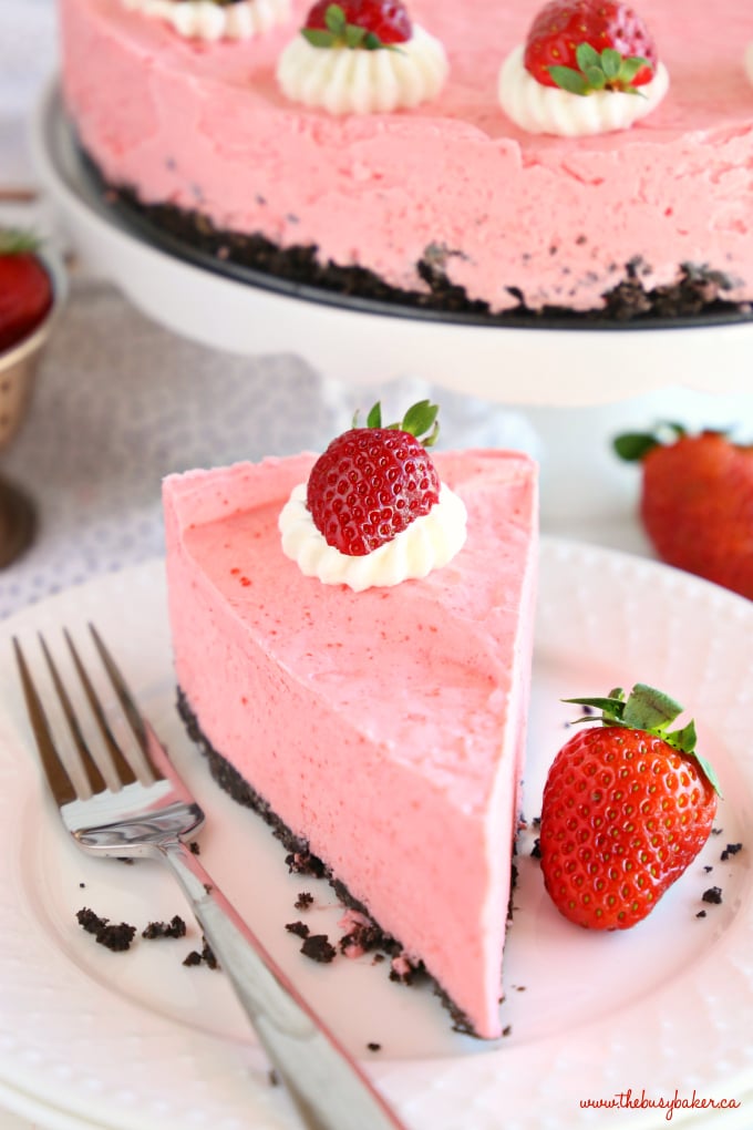 Easy No Bake Strawberry Cheesecake slice close up photo