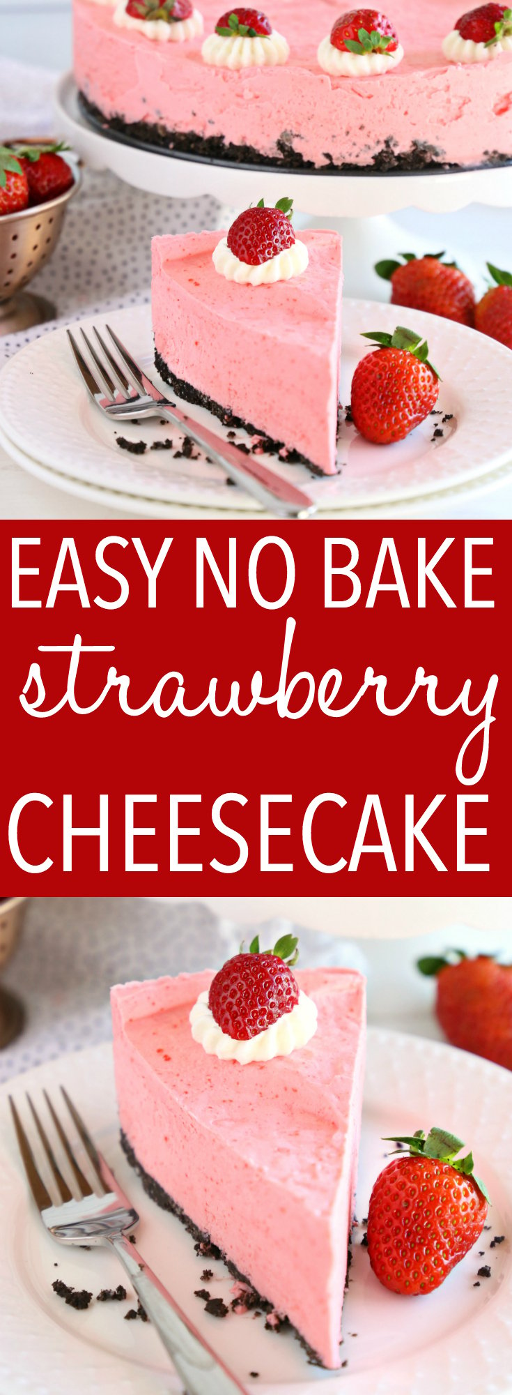 This Easy No Bake Strawberry Cheesecake is the perfect summer no bake dessert that's bursting with fruit flavours! Perfect for barbecues and summer parties! Recipe from thebusybaker.ca! #strawberrycheesecake #nobakestrawberrydessert #summerdesserts via @busybakerblog