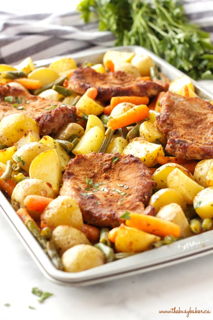 Easy Pork Chop Sheet Pan Dinner with potatoes, carrots and green beans