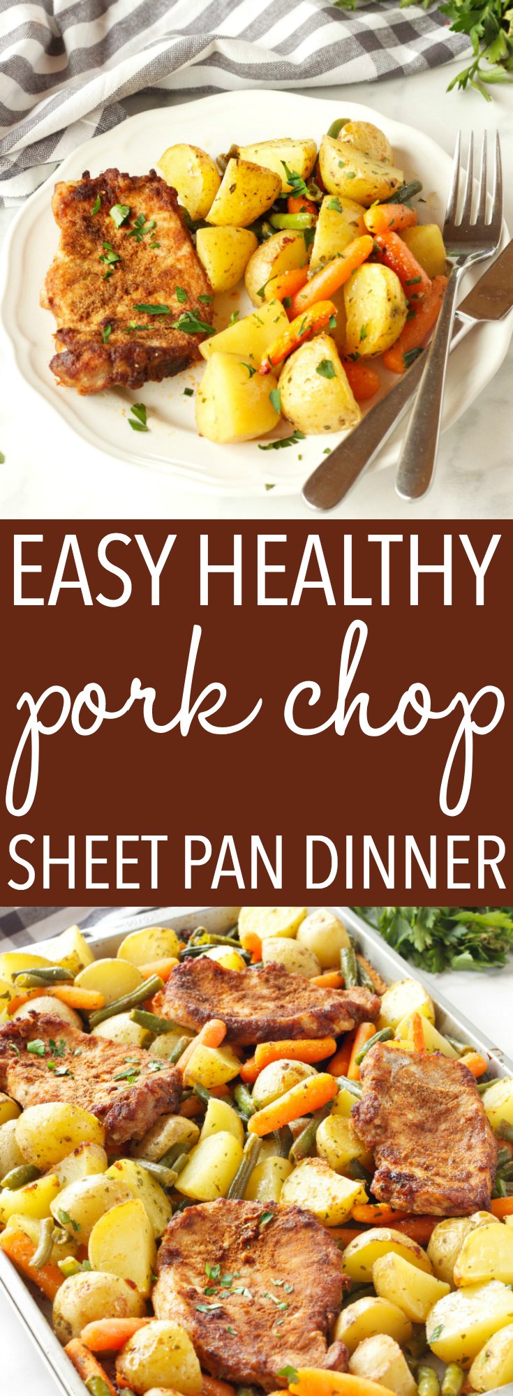 This Easy Pork Chop Sheet Pan Dinner is the perfect weeknight meal idea for busy families - just a few simple ingredients and you've got a whole meal on one pan! Recipe from thebusybaker.ca! #sheetpandinner #easyporkchops #bestporkchops via @busybakerblog