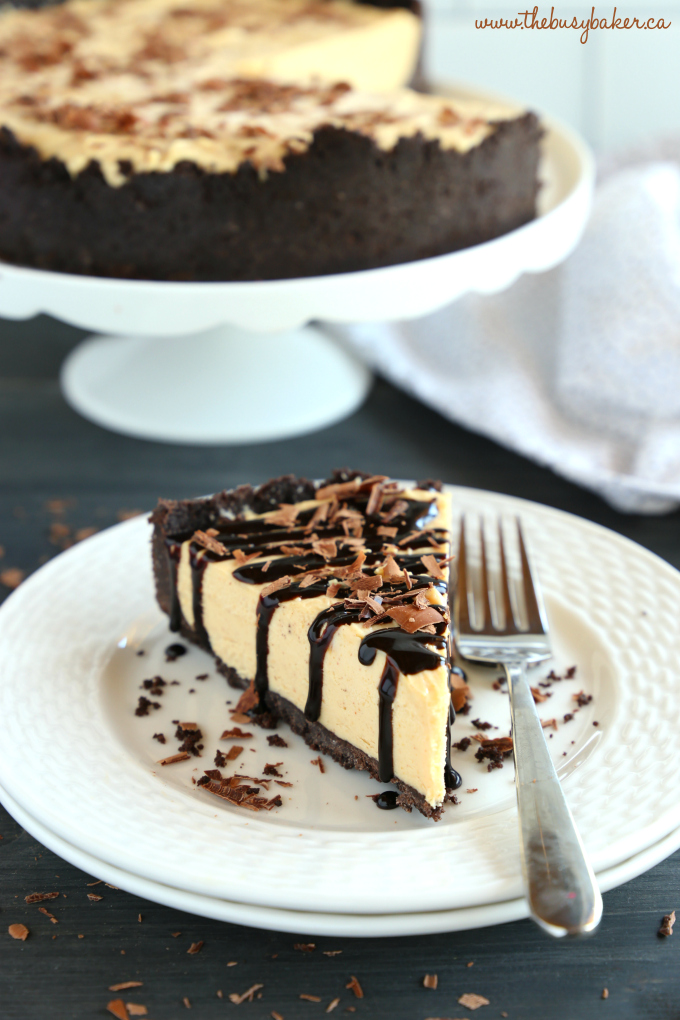 Frozen Chocolate Peanut Butter Cheesecake Pie on plate with fork and cake stand