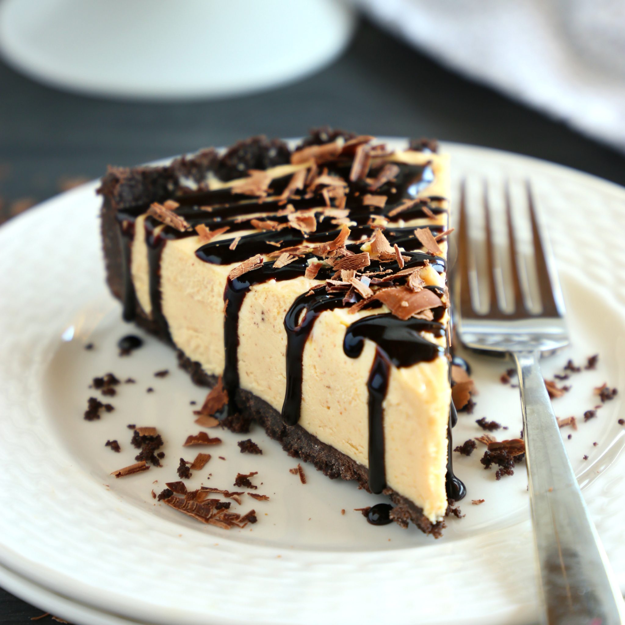 Frozen Chocolate Peanut Butter Cheesecake Pie - The Busy Baker