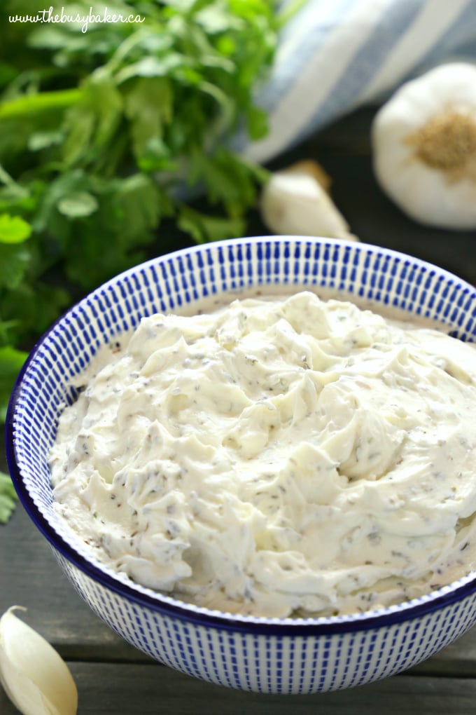 Easy Homemade Herb and Garlic Cream Cheese in blue bowl