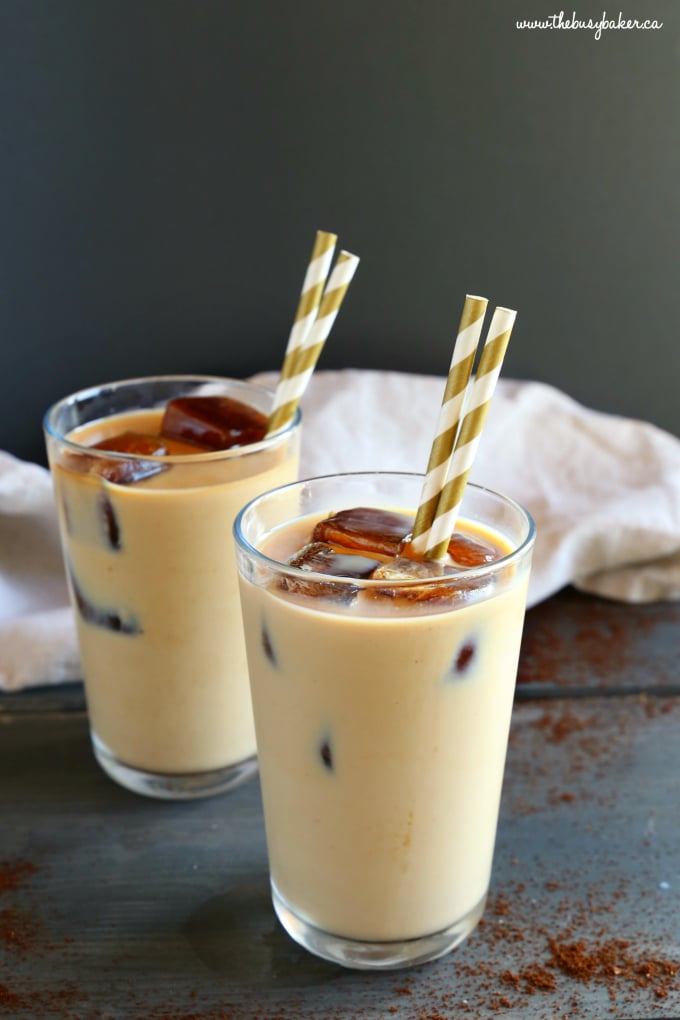 Healthy Iced Coffee in glasses with straws and ice cubes