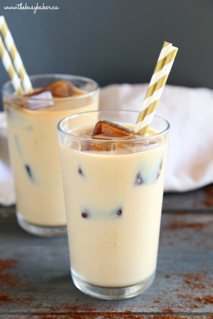 Healthy Iced Coffee with coffee ice cubes and gold straws