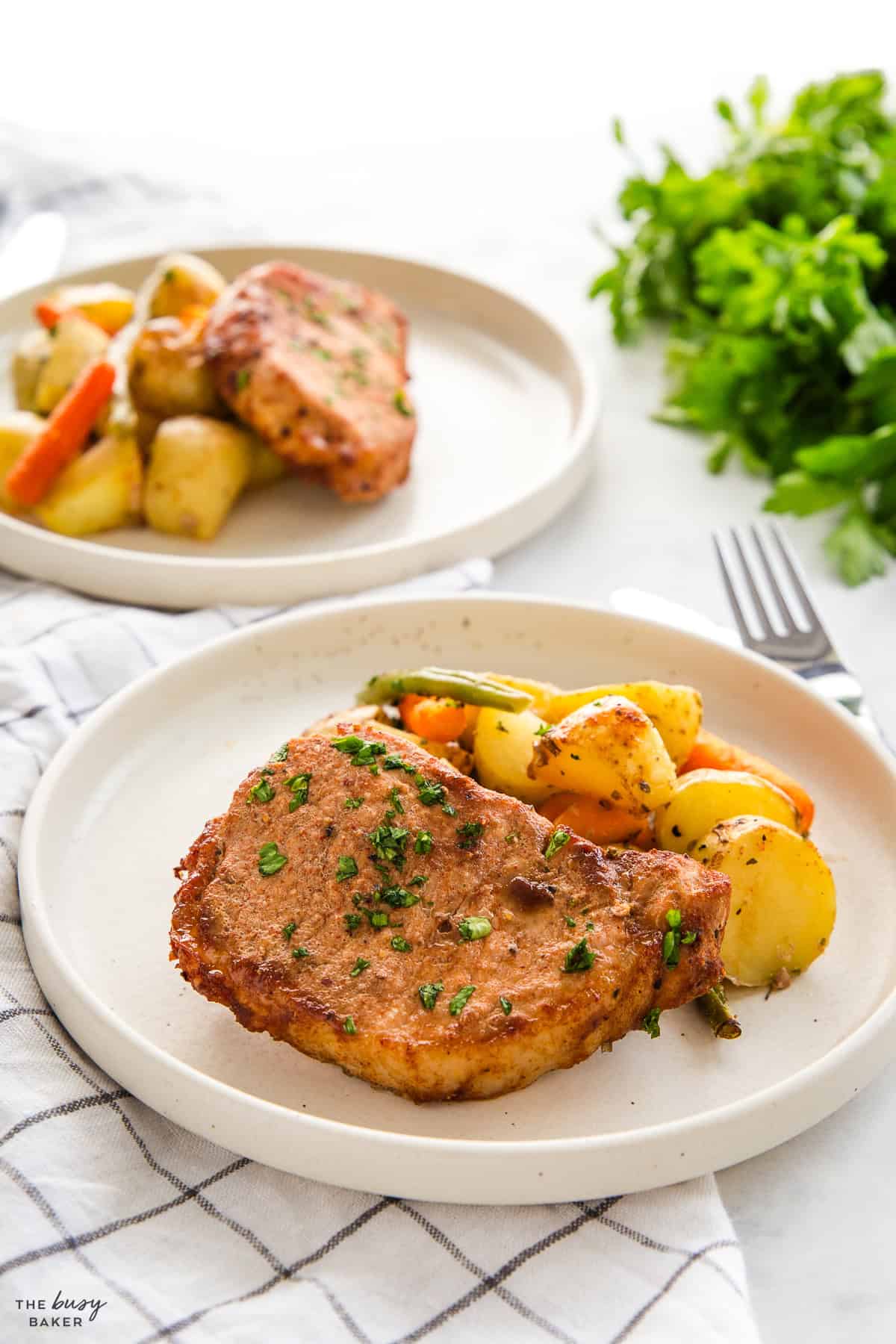 pork chop with vegetables on a plate