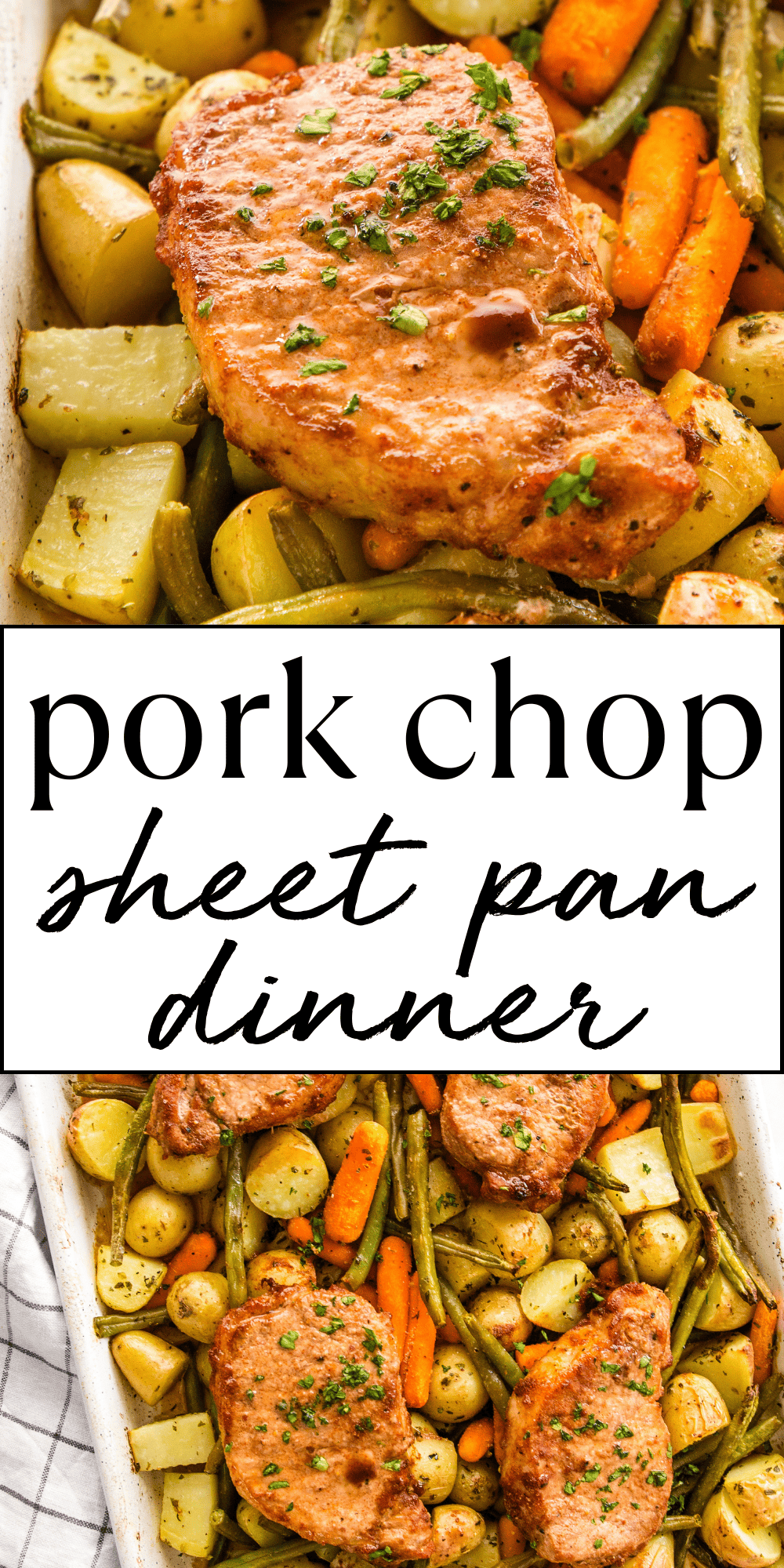 This Easy Pork Chop Sheet Pan Dinner is the perfect weeknight meal idea for busy families - juicy seasoned pork chops, tender potatoes and vegetables! Just a few simple ingredients and you've got a healthy family meal made with one pan! Recipe from thebusybaker.ca! #sheetpandinner #easyporkchops #bestporkchops via @busybakerblog