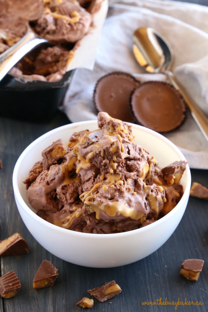 No Churn Chocolate Peanut Butter Cup Ice Cream in white bowl with peanut butter