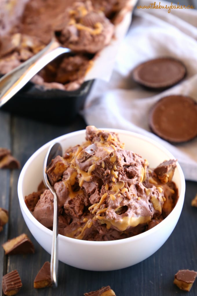 No Churn Chocolate Peanut Butter Cup Ice Cream in white bowl with spoon and peanut butter cups