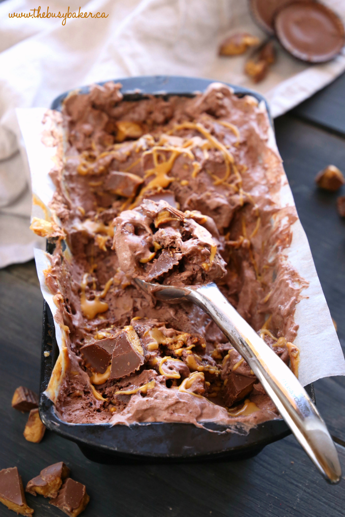 No Churn Chocolate Peanut Butter Cup Ice Cream with ice cream scoop