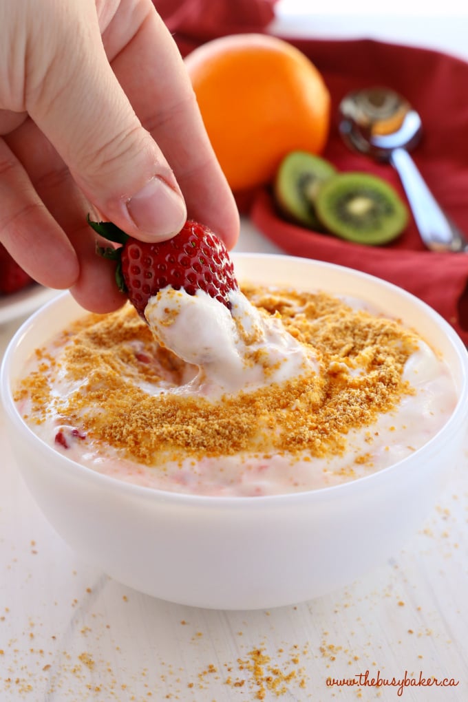 Strawberry Cheesecake Fruit Dip with strawberries and kiwis