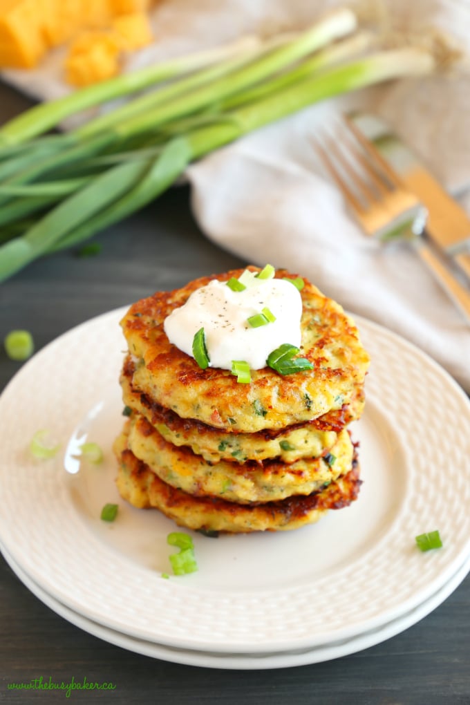 Cheesy Leftover Mashed Potato Pancakes with green onions and sour cream and cheese