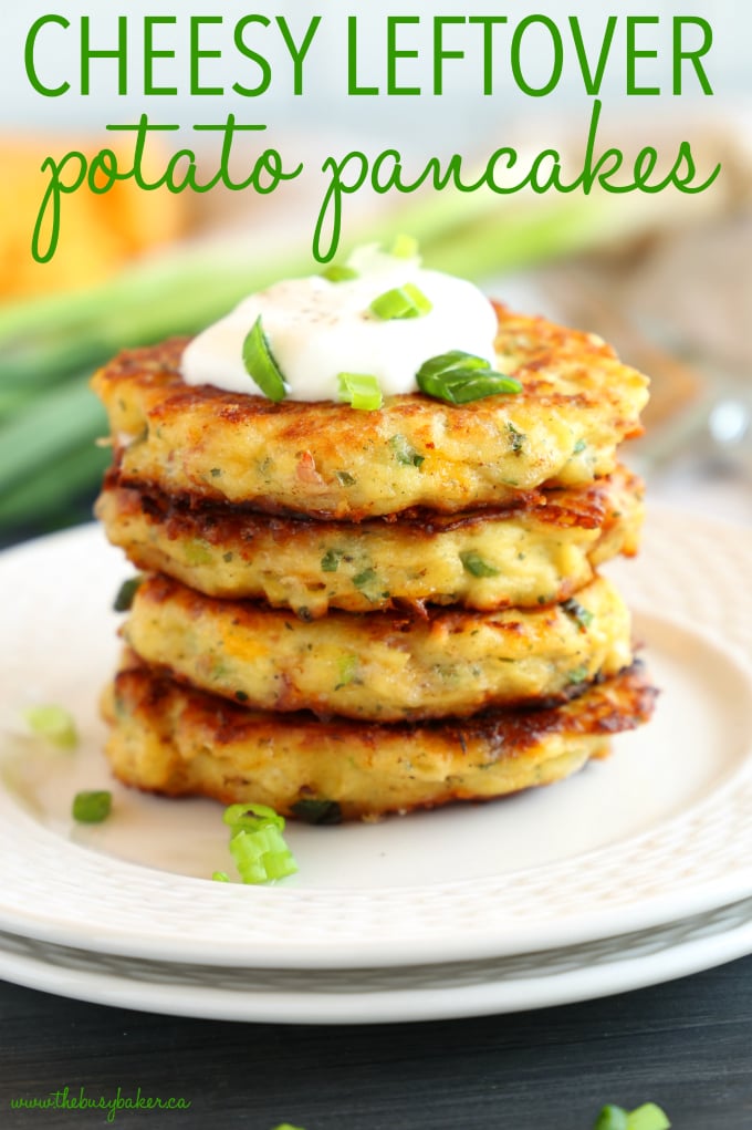 Cheesy Leftover Mashed Potato Pancakes in a stack on white plates