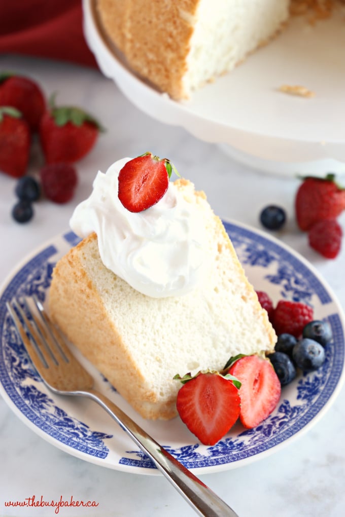 No Fail Homemade Angel Food Cake with strawberry slices