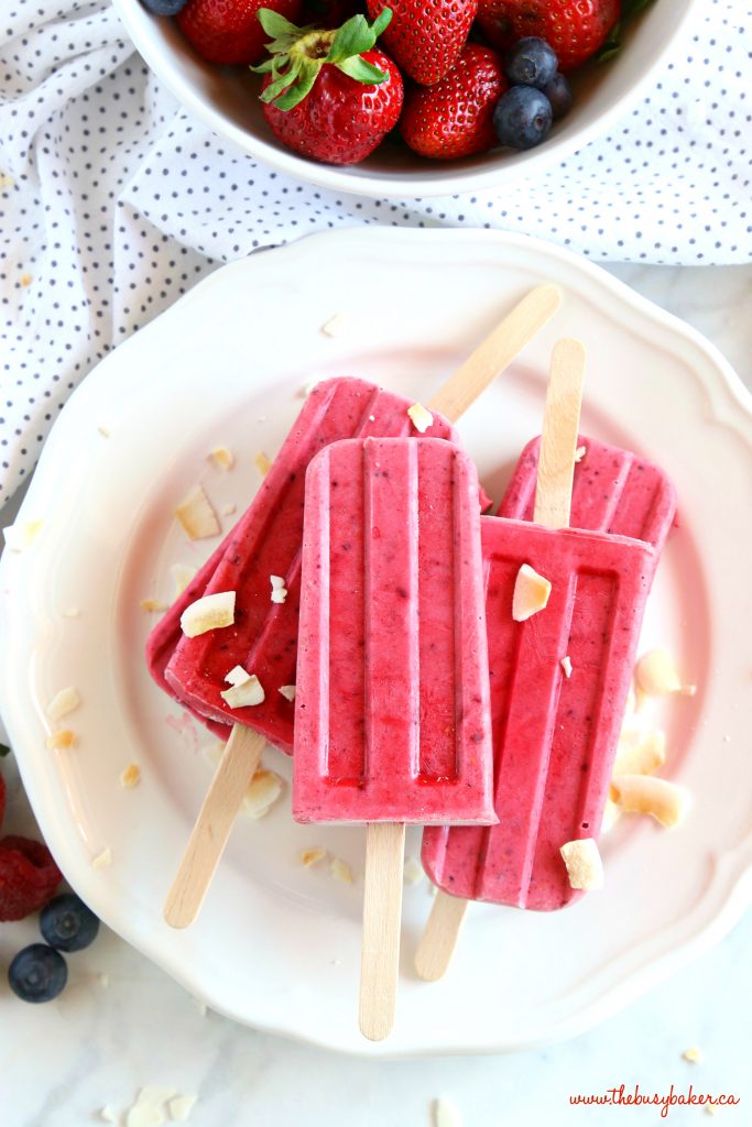 Healthy Berry Coconut Popsicles with fresh toasted coconut