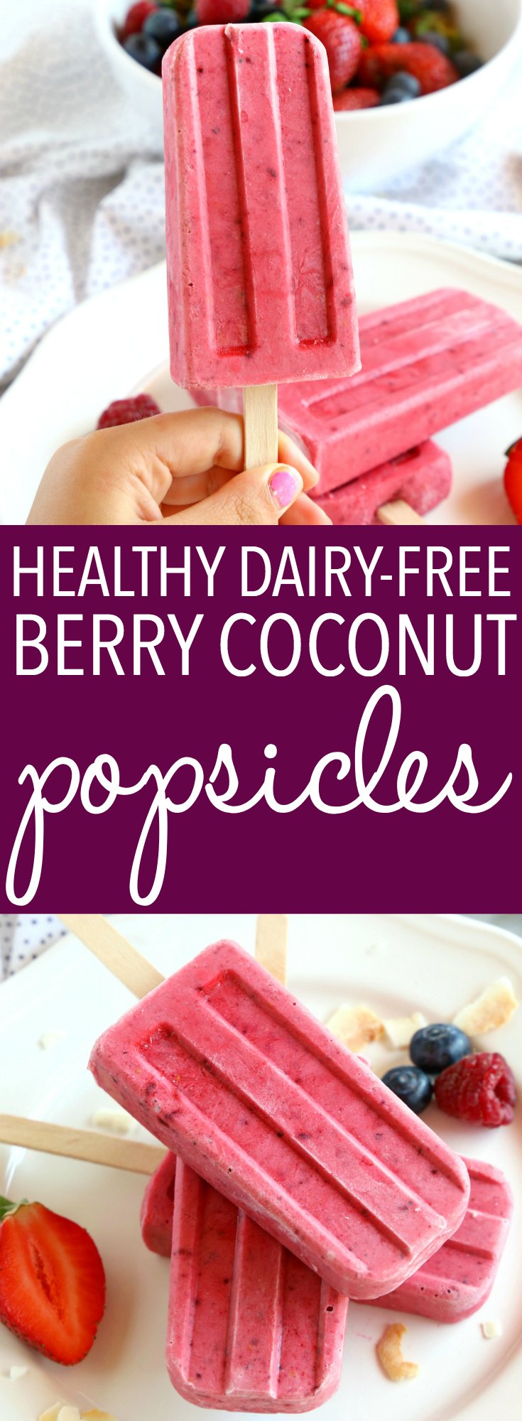 These Healthy Berry Coconut Popsicles are the perfect dairy-free and vegan treat for summer! They're ultra-healthy, kid-friendly and SO delicious!! Recipe from thebusybaker.ca! #veganpopsicles #veganicepops #healthyicepops #healthysummertreat #healthykidsnack #healthysnackforkids #summerrecipeforkids #healthyicecream #icecreamtreathomemade via @busybakerblog