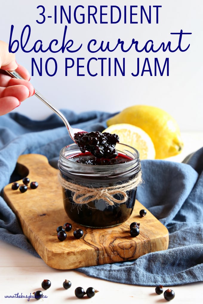 Best Ever Black Currant Jam on spoon with blue kitchen towel