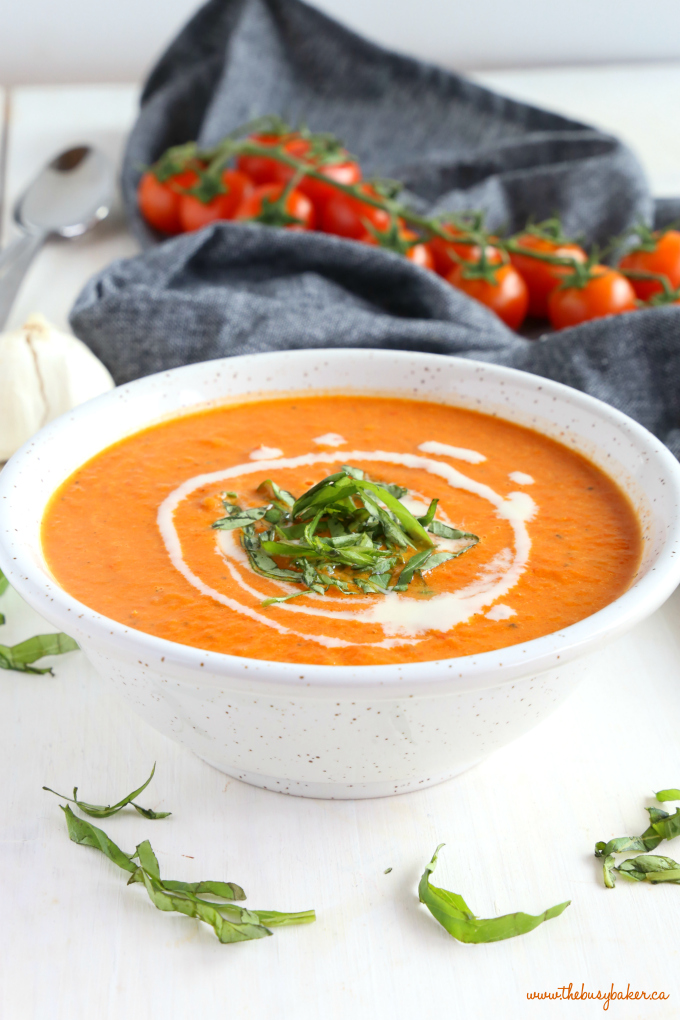 Easy Homemade Roasted Tomato Soup with fresh basil and tomatoes
