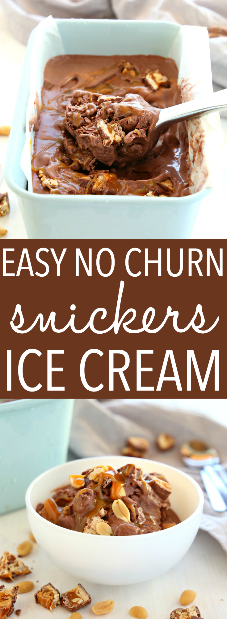 This Easy No Churn Snickers Ice Cream is the perfect cool treat for Snickers lovers! It's SO easy to make with only a few simple ingredients and it's the perfect ice cream for summer! Recipe from thebusybaker.ca! #nochurn #icecream #homemade #summer #treat #kidfriendly #snickers #dessert #homemadeicecream #easyicecream via @busybakerblog