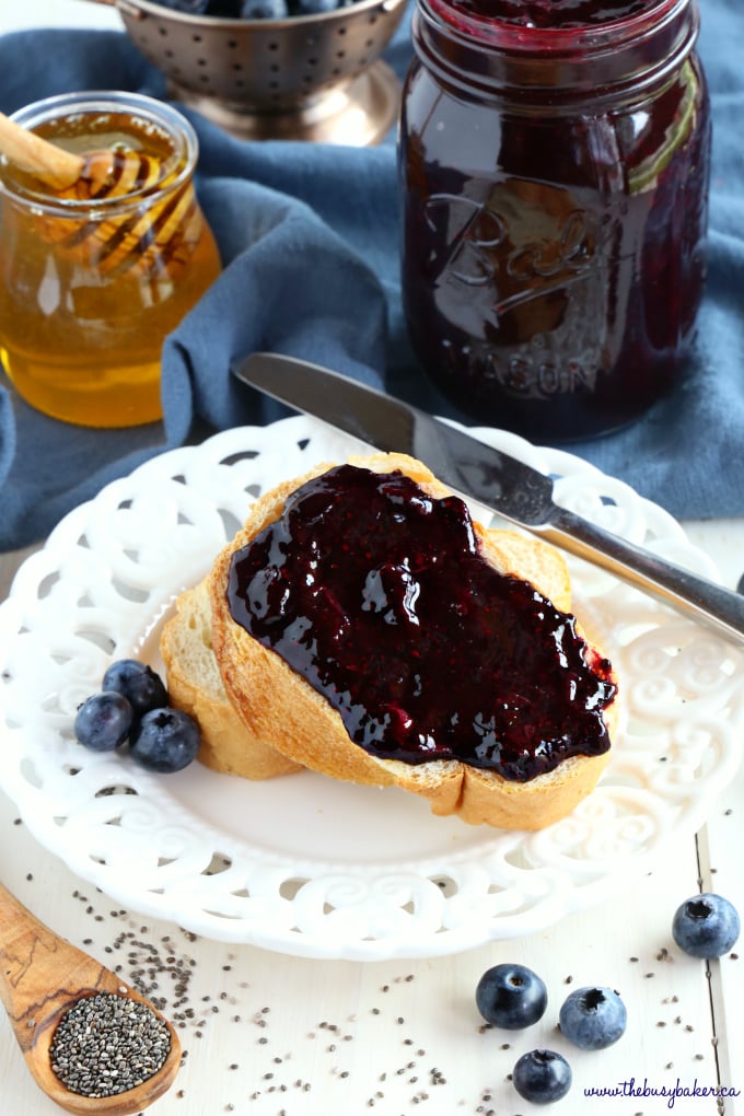 Healthy 3-Ingredient Chia Seed Blueberry Jam on bread with knife