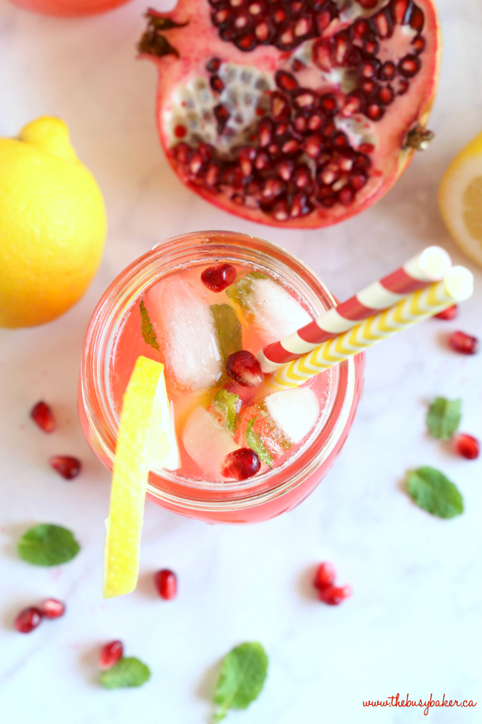 Healthy Pomegranate Lemonade with ice and pomegranate
