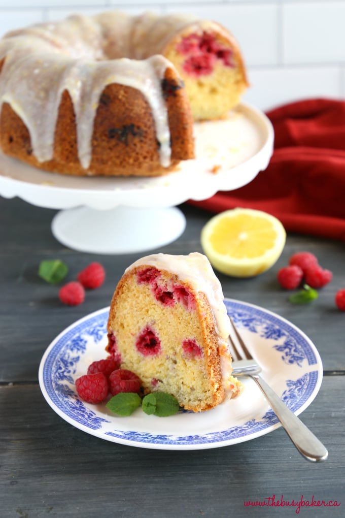 Lemon Raspberry Glazed Bundt Cake with lemon glaze and fresh mint
