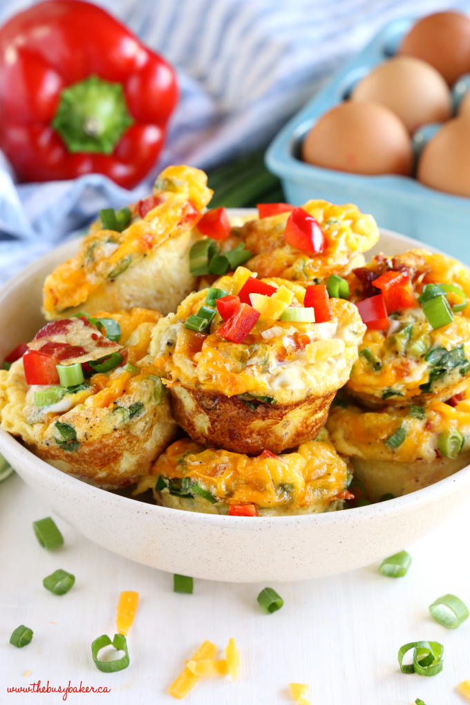 Bacon and Egg Breakfast Muffins with red peppers and green onions