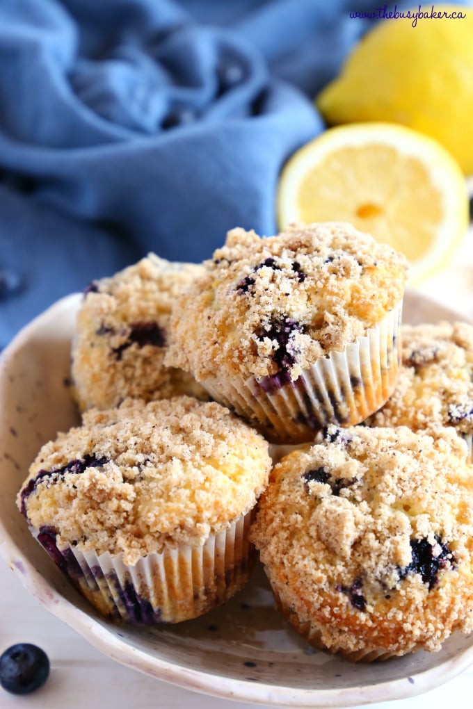 Best Ever Blueberry Streusel Muffins in blue speckled pottery bowl