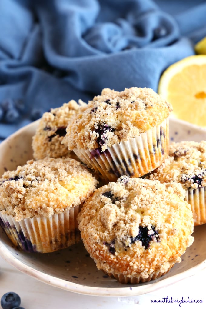 Best Ever Blueberry Streusel Muffins in blue speckled pottery bowl