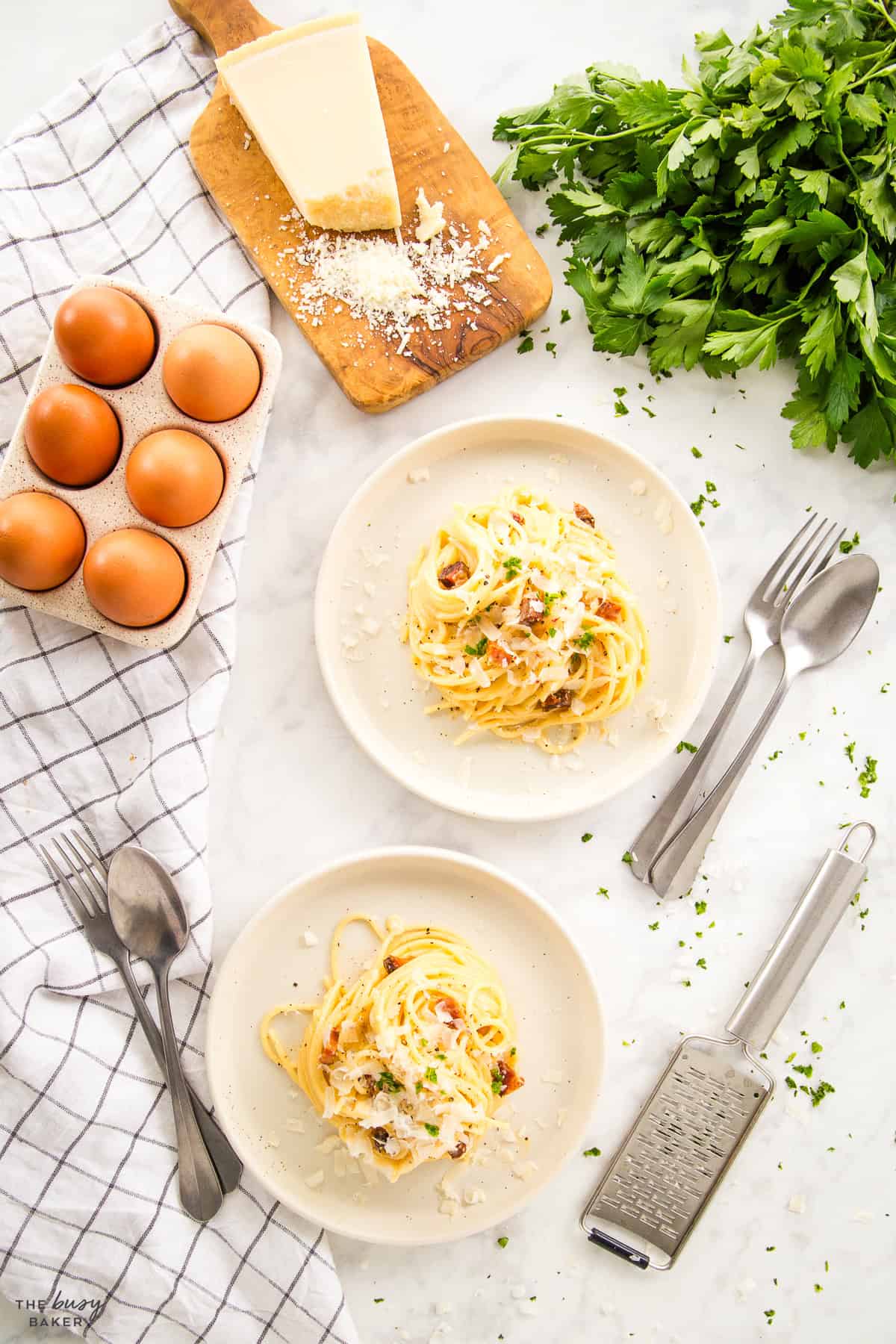 overhead image: pasta carbonara