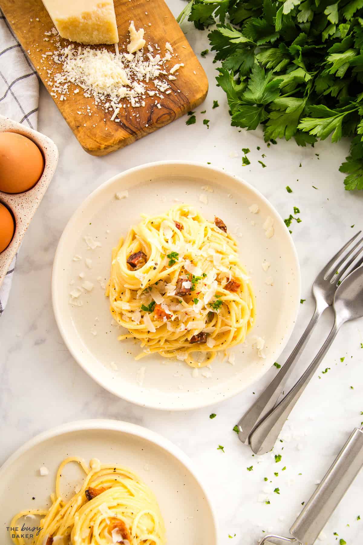 overhead image: creamy pasta with bacon and cheese